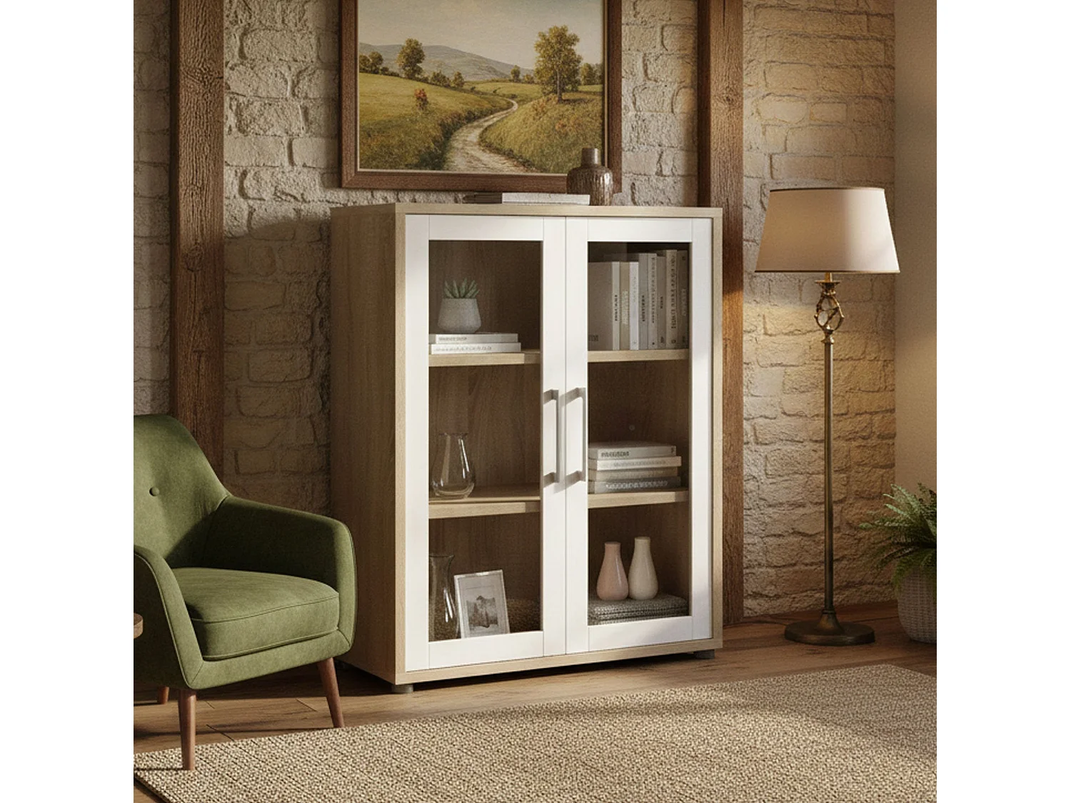 Ampezzo dressoir, Woonkamerbuffet, Woonkamerdressoir, Keukenkast, 89x40 h113 cm, Eiken en Wit