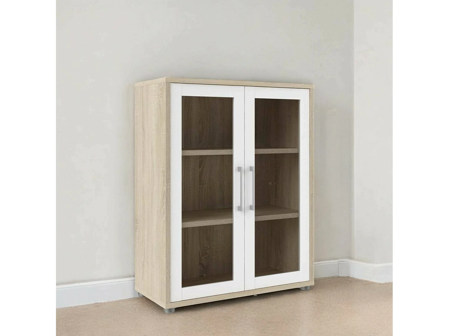 Ampezzo dressoir, Woonkamerbuffet, Woonkamerdressoir, Keukenkast, 89x40 h113 cm, Eiken en Wit