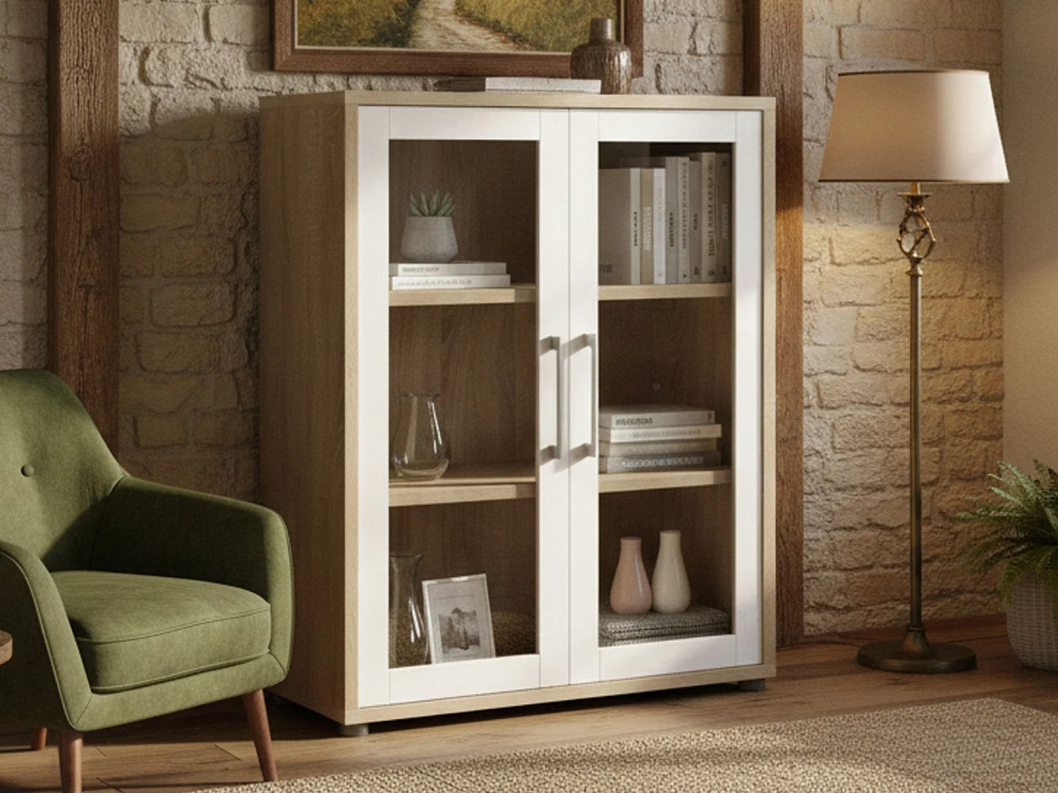 Ampezzo dressoir, Woonkamerbuffet, Woonkamerdressoir, Keukenkast, 89x40 h113 cm, Eiken en Wit
