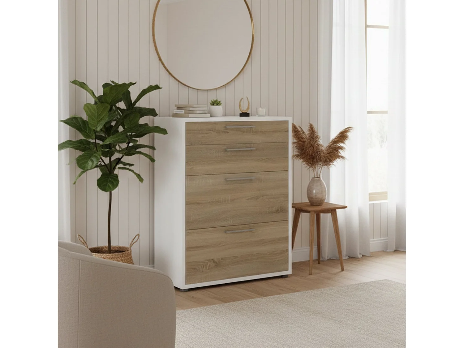 Buffet Anghiari, Buffet du salon, Commode de salon, Garde-manger de cuisine, 89x40 h113 cm, Blanc et chêne