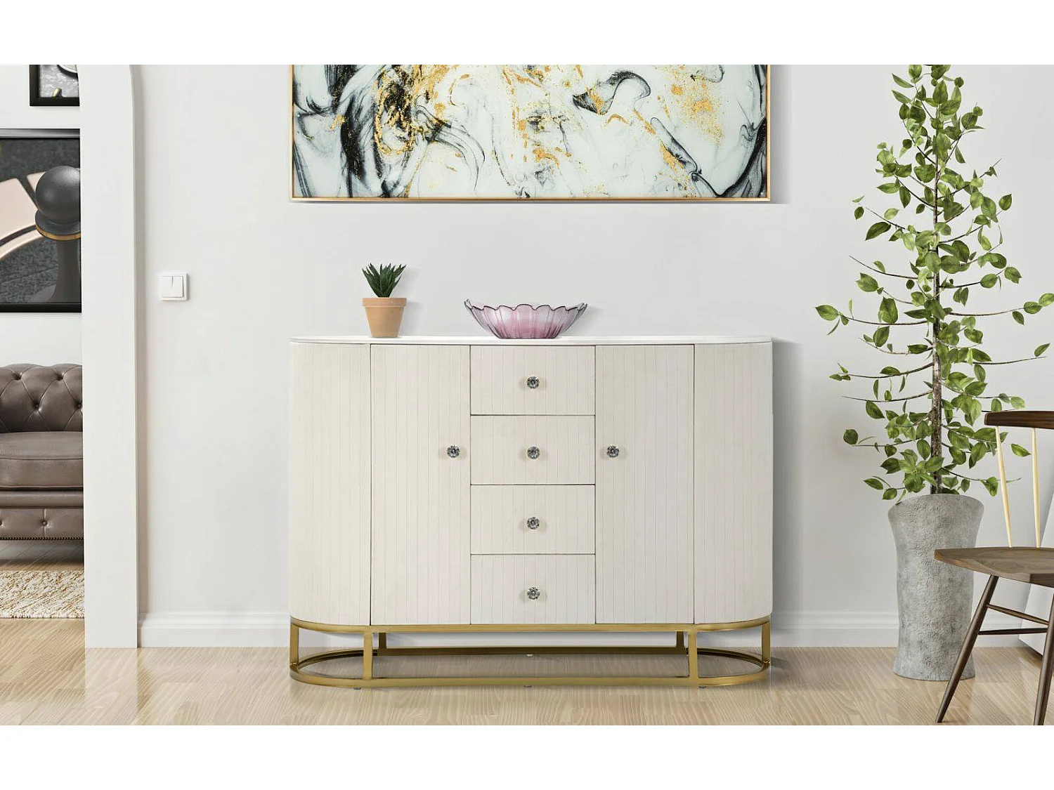 Buffet Lodovico, Buffet du salon, Commode de salon, Garde-manger de cuisine, 120x40 h85 cm, Crème et Blanc