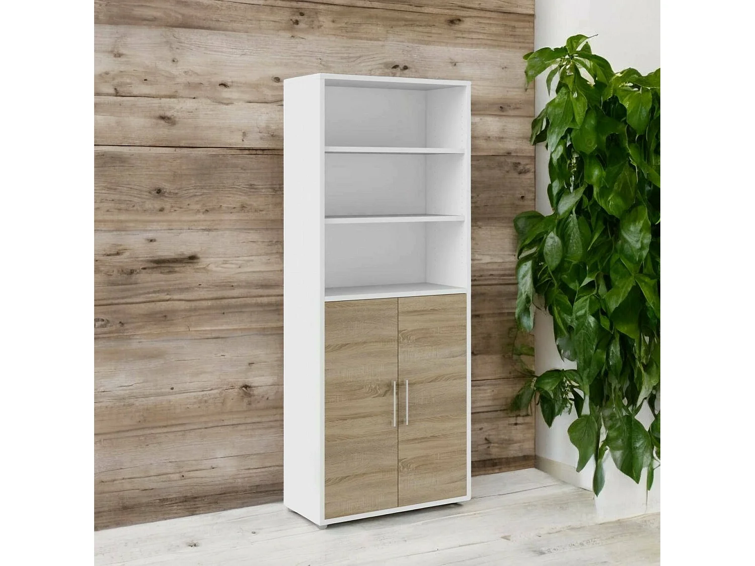 Buffet Valsesia, Buffet du salon, Commode de salon, Garde-manger de cuisine, 89x40 h222 cm, Blanc et chêne