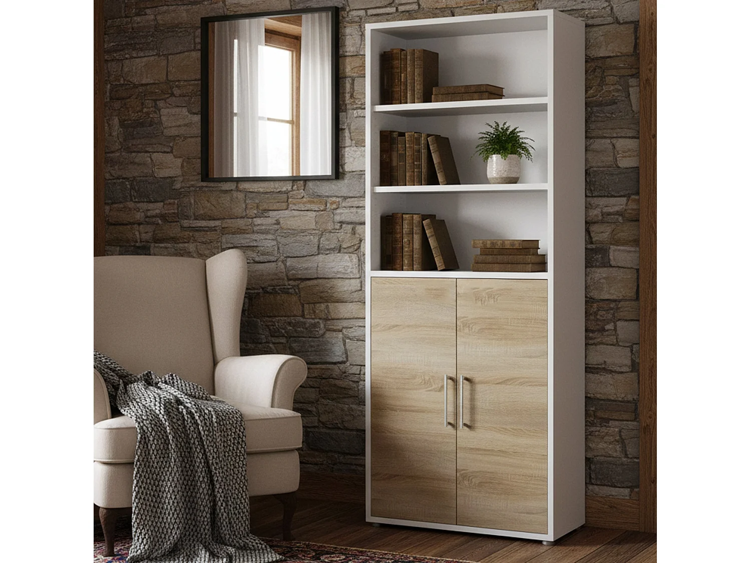 Buffet Valsesia, Buffet du salon, Commode de salon, Garde-manger de cuisine, 89x40 h222 cm, Blanc et chêne