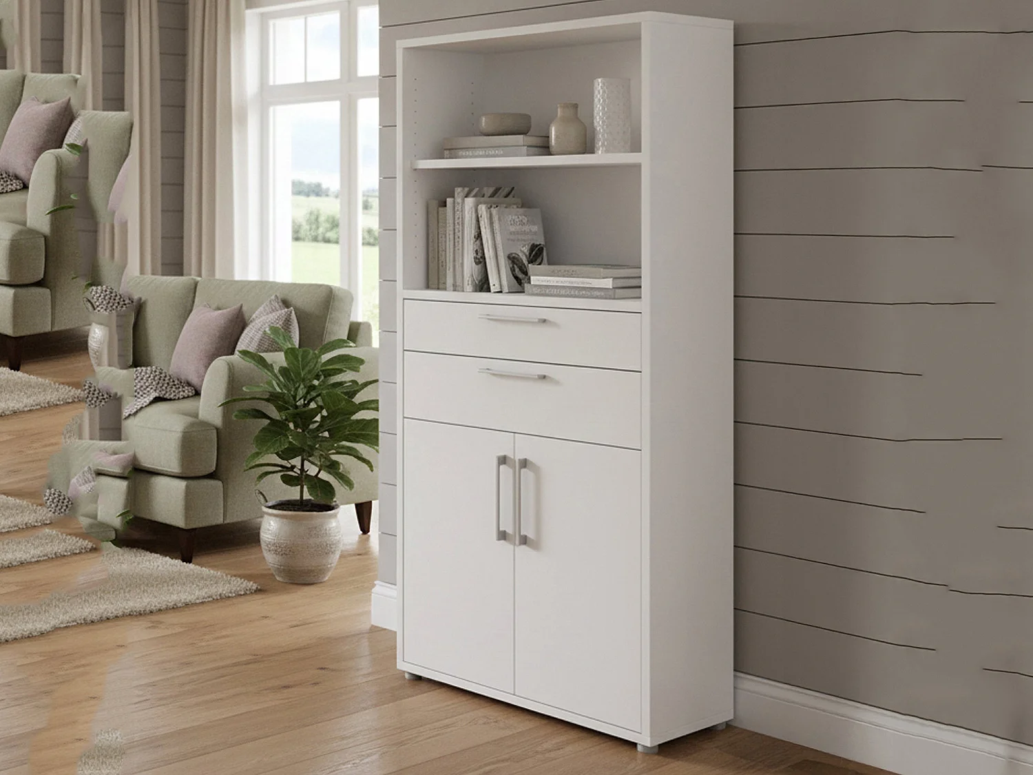 Buffet Albidona, Buffet du salon, Commode de salon, Garde-manger de cuisine, 89x40 h186 cm, Blanc