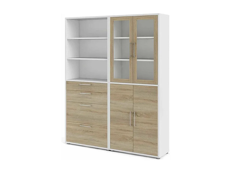 Aparador Embabane, Buffet de sala, Aparador de sala, Despensa de cozinha, 178x40 h222 cm, Branco e Carvalho