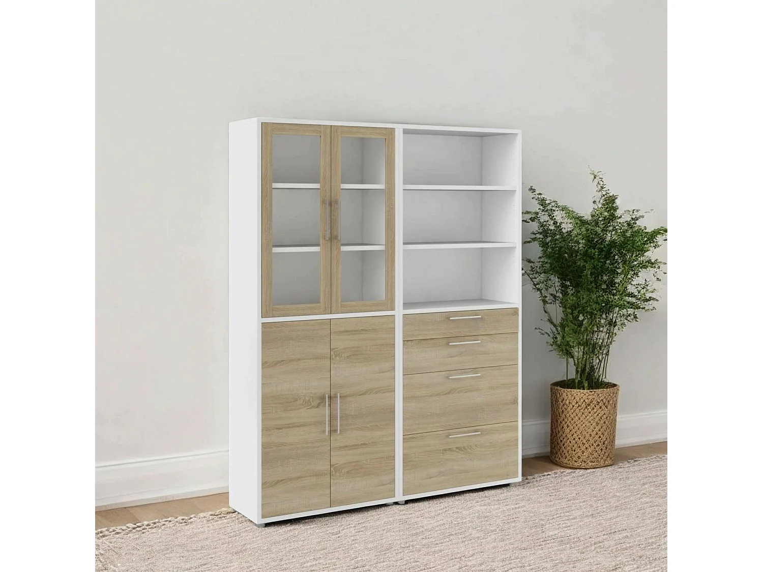 Buffet Embabane, Buffet du salon, Commode de salon, Garde-manger de cuisine, 178x40 h222 cm, Blanc et chêne