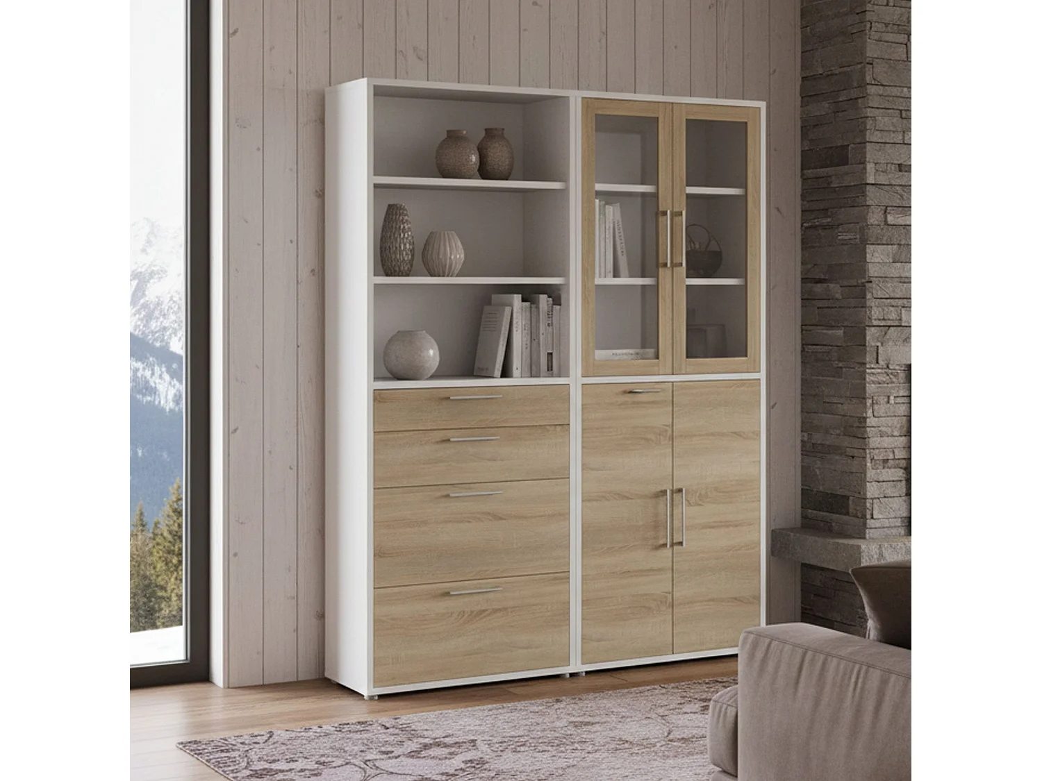 Buffet Embabane, Buffet du salon, Commode de salon, Garde-manger de cuisine, 178x40 h222 cm, Blanc et chêne