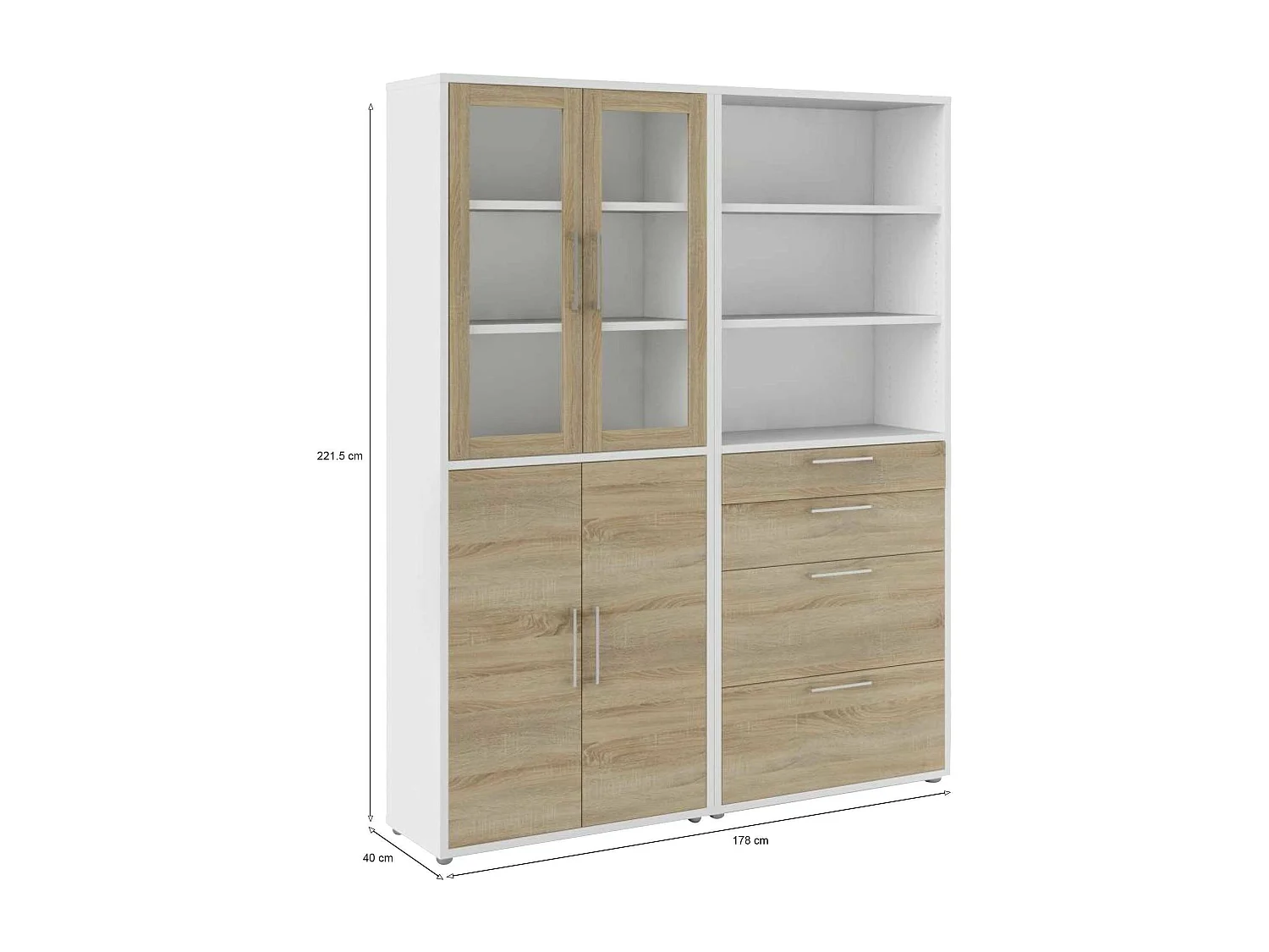 Buffet Embabane, Buffet du salon, Commode de salon, Garde-manger de cuisine, 178x40 h222 cm, Blanc et chêne