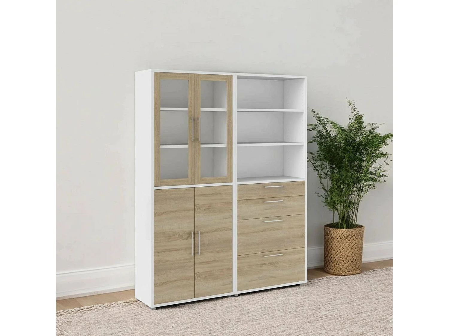 Buffet Embabane, Buffet du salon, Commode de salon, Garde-manger de cuisine, 178x40 h222 cm, Blanc et chêne