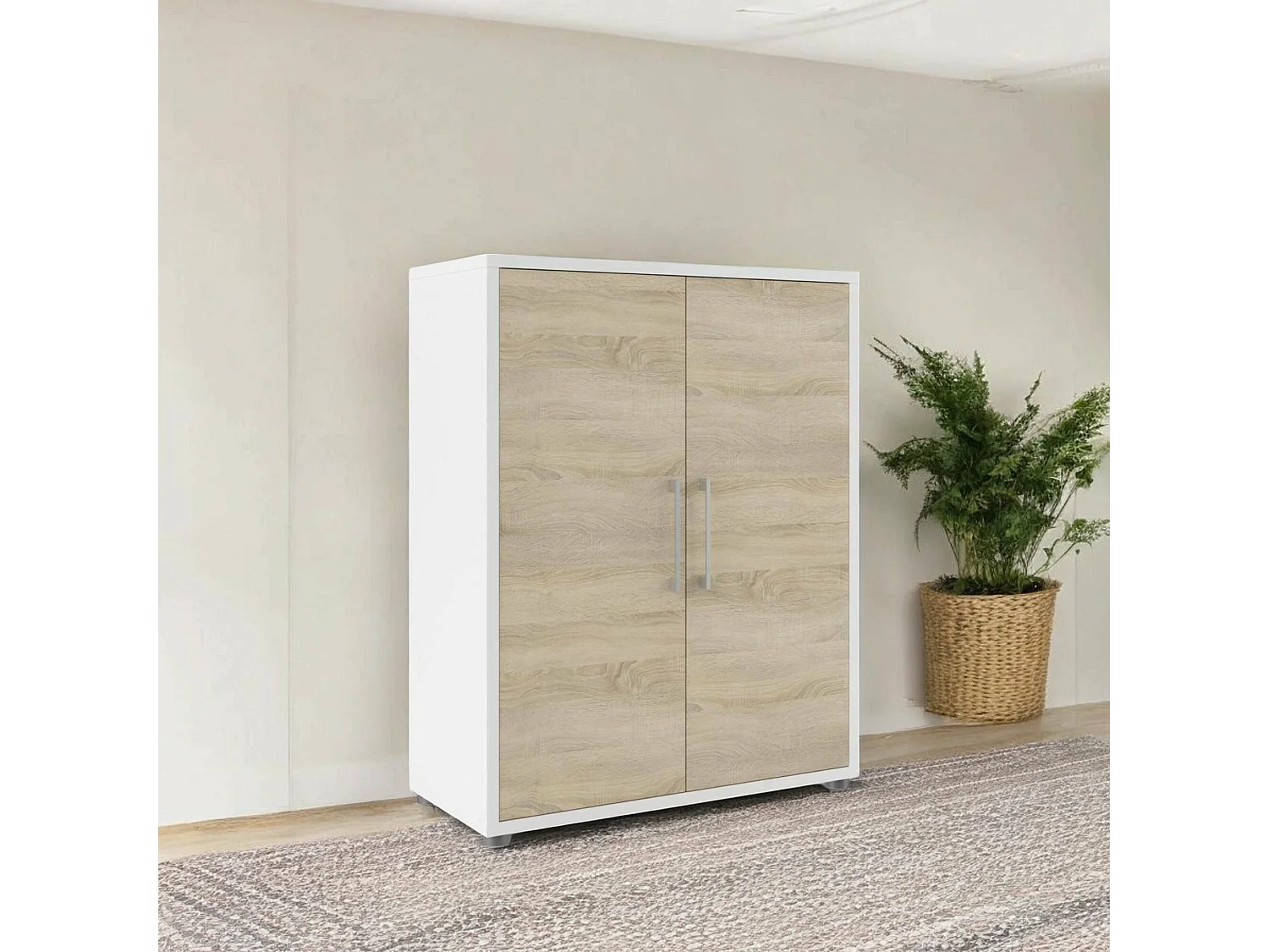 Buffet Warszawa, Buffet du salon, Commode de salon, Garde-manger de cuisine, 89x40 h113 cm, Blanc et chêne