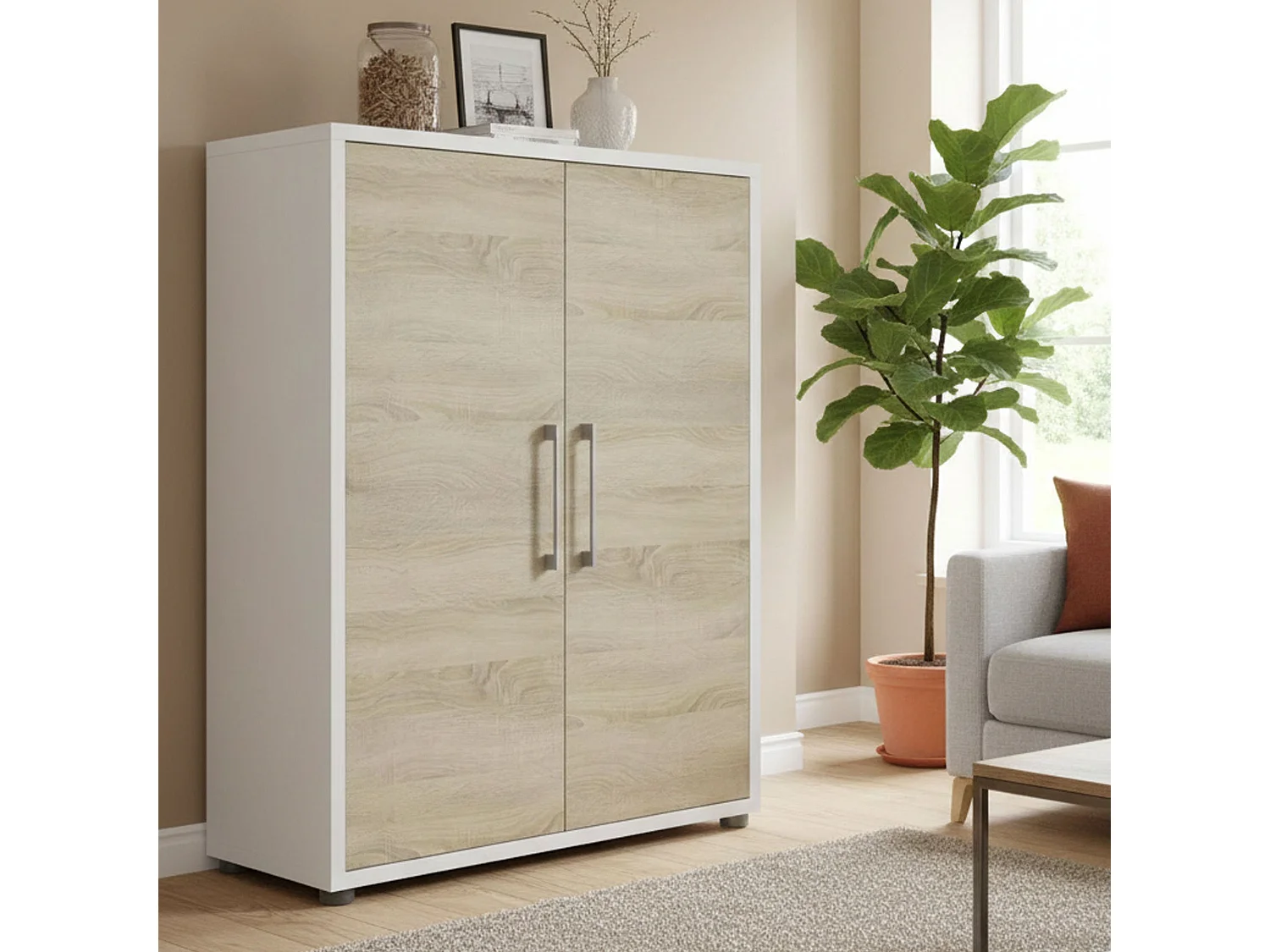 Buffet Warszawa, Buffet du salon, Commode de salon, Garde-manger de cuisine, 89x40 h113 cm, Blanc et chêne