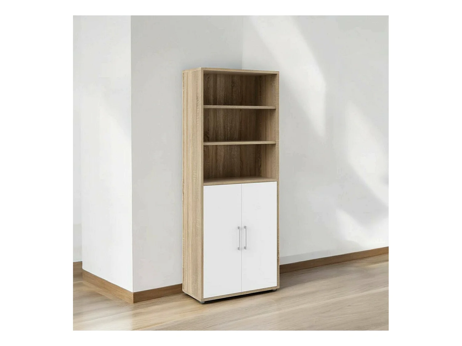Buffet Valsesia, Buffet du salon, Commode de salon, Garde-manger de cuisine, 89x40 h222 cm, Chêne et Blanc