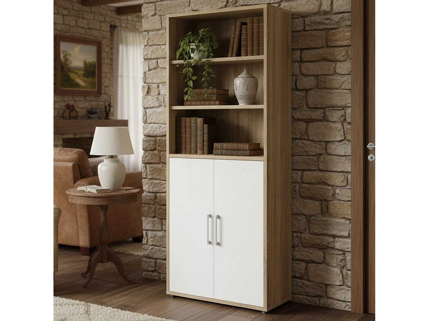 Buffet Valsesia, Buffet du salon, Commode de salon, Garde-manger de cuisine, 89x40 h222 cm, Chêne et Blanc