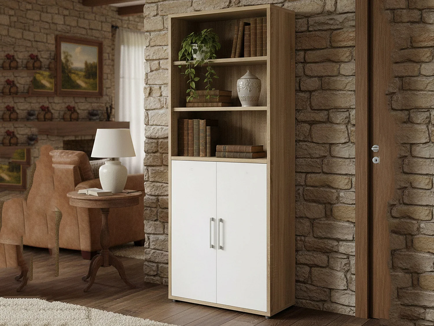 Buffet Valsesia, Buffet du salon, Commode de salon, Garde-manger de cuisine, 89x40 h222 cm, Chêne et Blanc