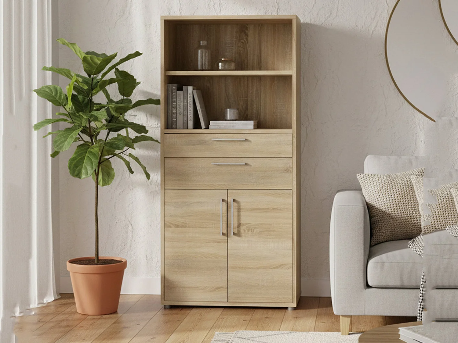 Buffet Albidona, Buffet du salon, Commode de salon, Garde-manger de cuisine, 89x40 h186 cm, Chêne