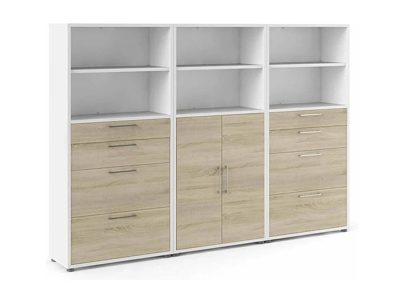 Buffet Vinovo, Buffet du salon, Commode de salon, Garde-manger de cuisine, 267x40 h186 cm, Blanc et chêne