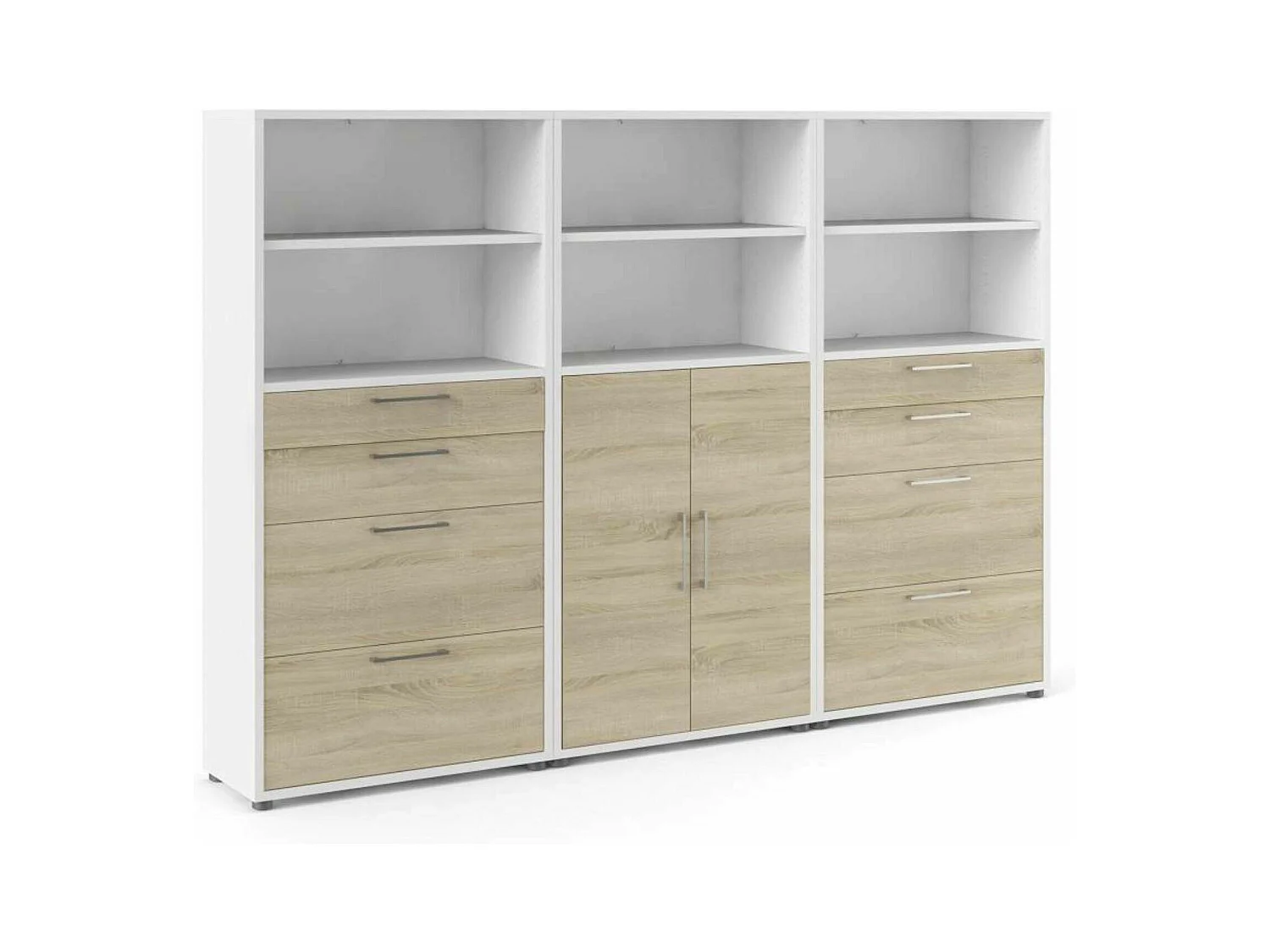 Buffet Vinovo, Buffet du salon, Commode de salon, Garde-manger de cuisine, 267x40 h186 cm, Blanc et chêne