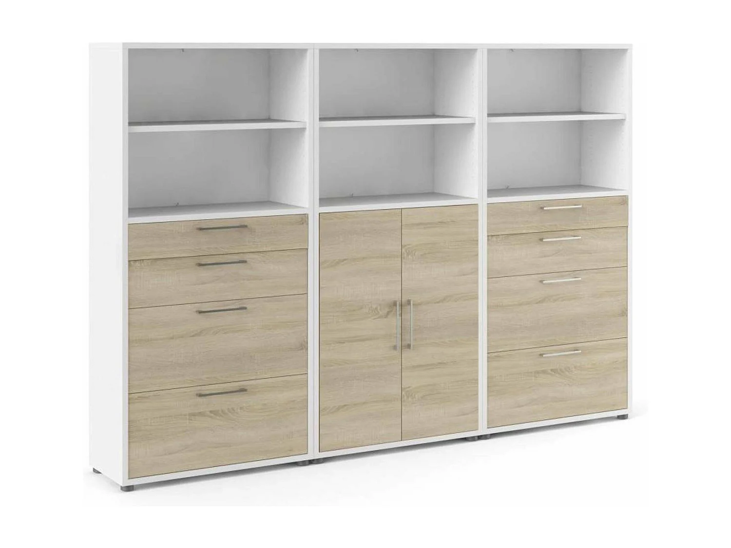 Buffet Vinovo, Buffet du salon, Commode de salon, Garde-manger de cuisine, 267x40 h186 cm, Blanc et chêne