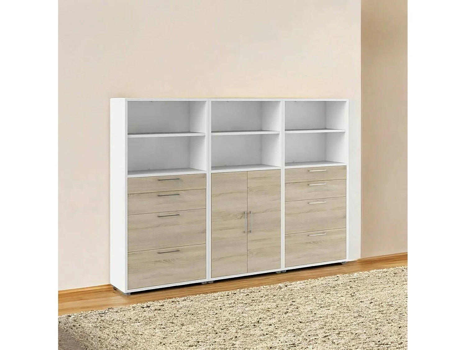 Buffet Vinovo, Buffet du salon, Commode de salon, Garde-manger de cuisine, 267x40 h186 cm, Blanc et chêne