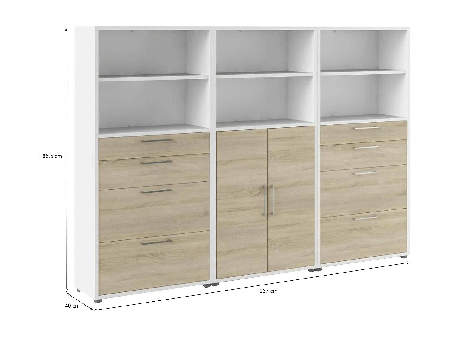 Buffet Vinovo, Buffet du salon, Commode de salon, Garde-manger de cuisine, 267x40 h186 cm, Blanc et chêne