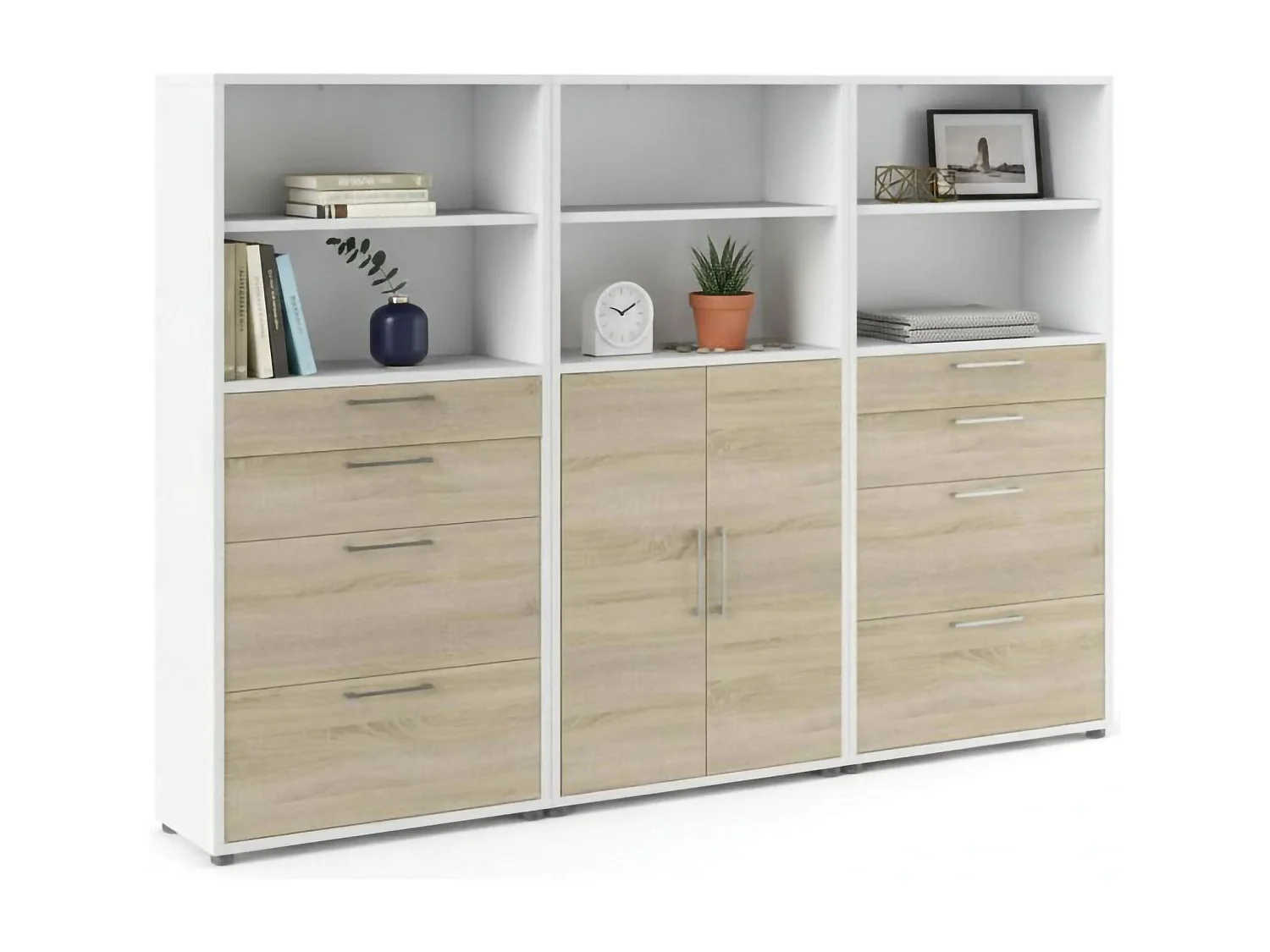 Buffet Vinovo, Buffet du salon, Commode de salon, Garde-manger de cuisine, 267x40 h186 cm, Blanc et chêne