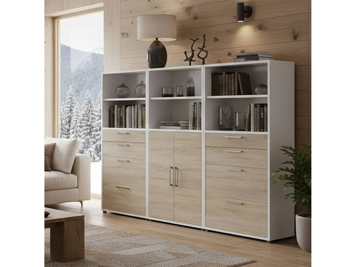 Buffet Vinovo, Buffet du salon, Commode de salon, Garde-manger de cuisine, 267x40 h186 cm, Blanc et chêne