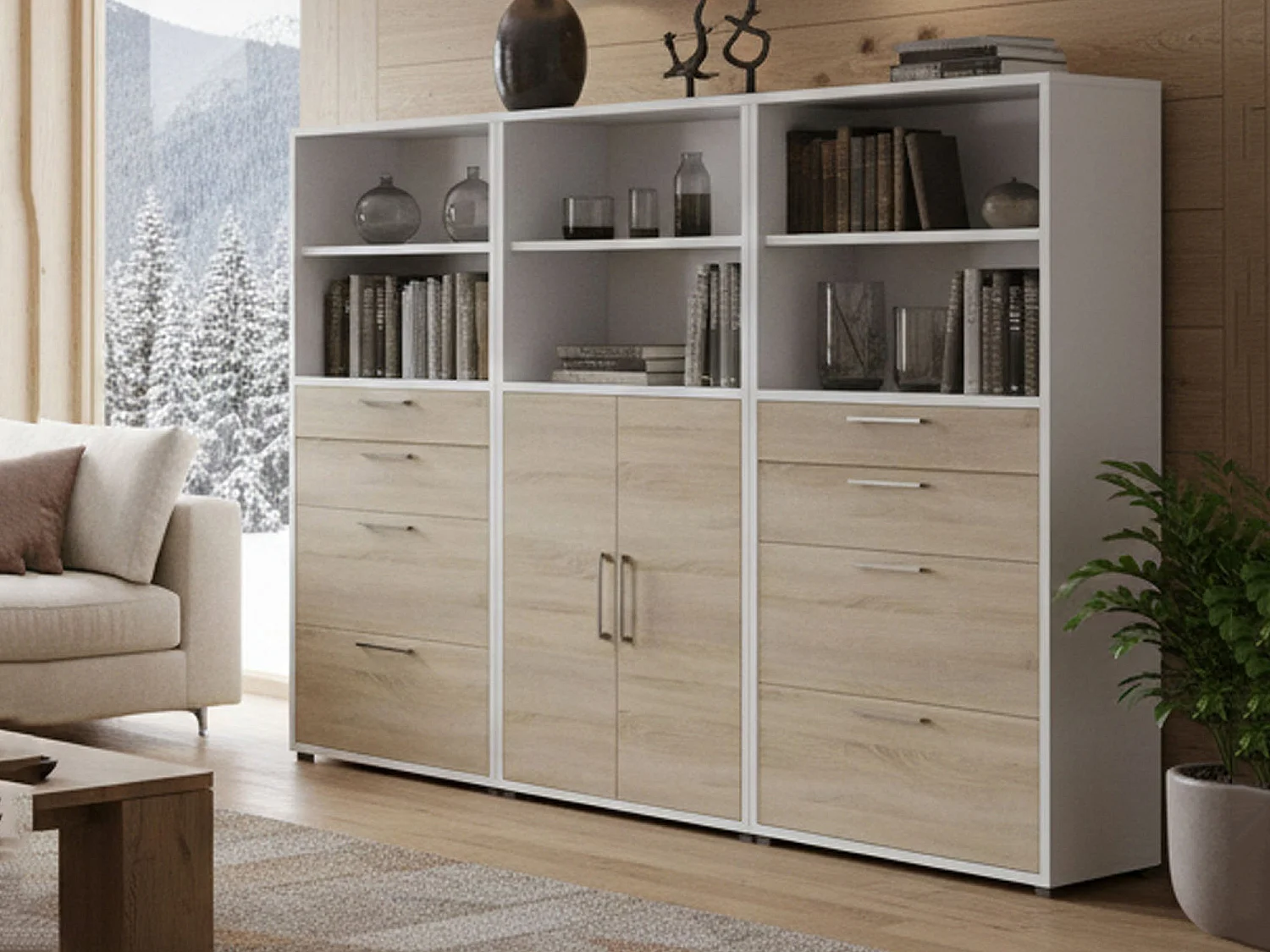 Vinovo dressoir, Woonkamerbuffet, Woonkamerdressoir, Keukenkast, 267x40 h186 cm, Wit en Eiken