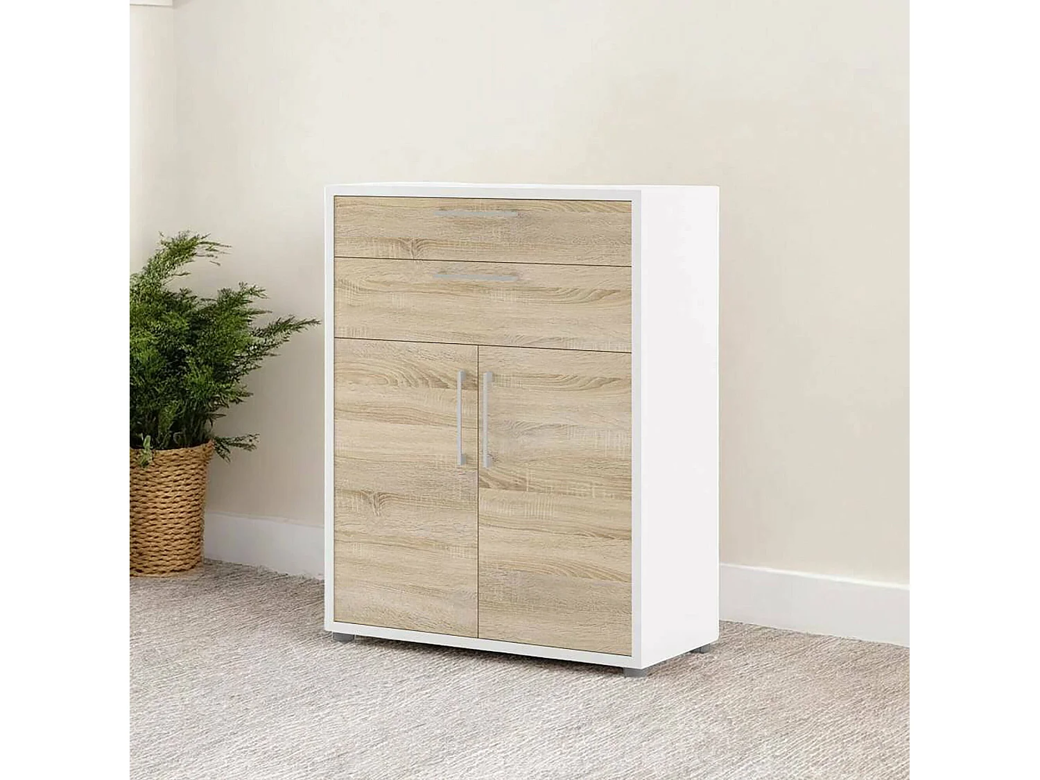 Kommode Agra, Wohnzimmerbuffet, Wohnzimmer-Sideboard, Moderne Küchen-Speisekammer, 89x40 h113 cm, Weiß und Eiche