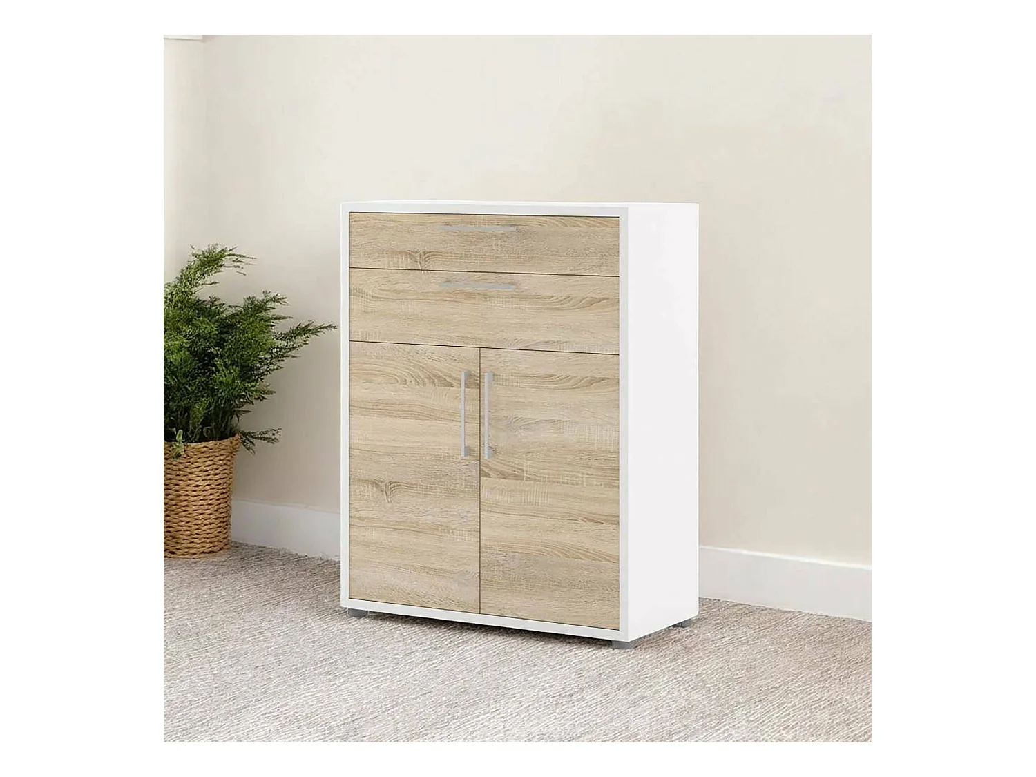 Kommode Agra, Wohnzimmerbuffet, Wohnzimmer-Sideboard, Moderne Küchen-Speisekammer, 89x40 h113 cm, Weiß und Eiche