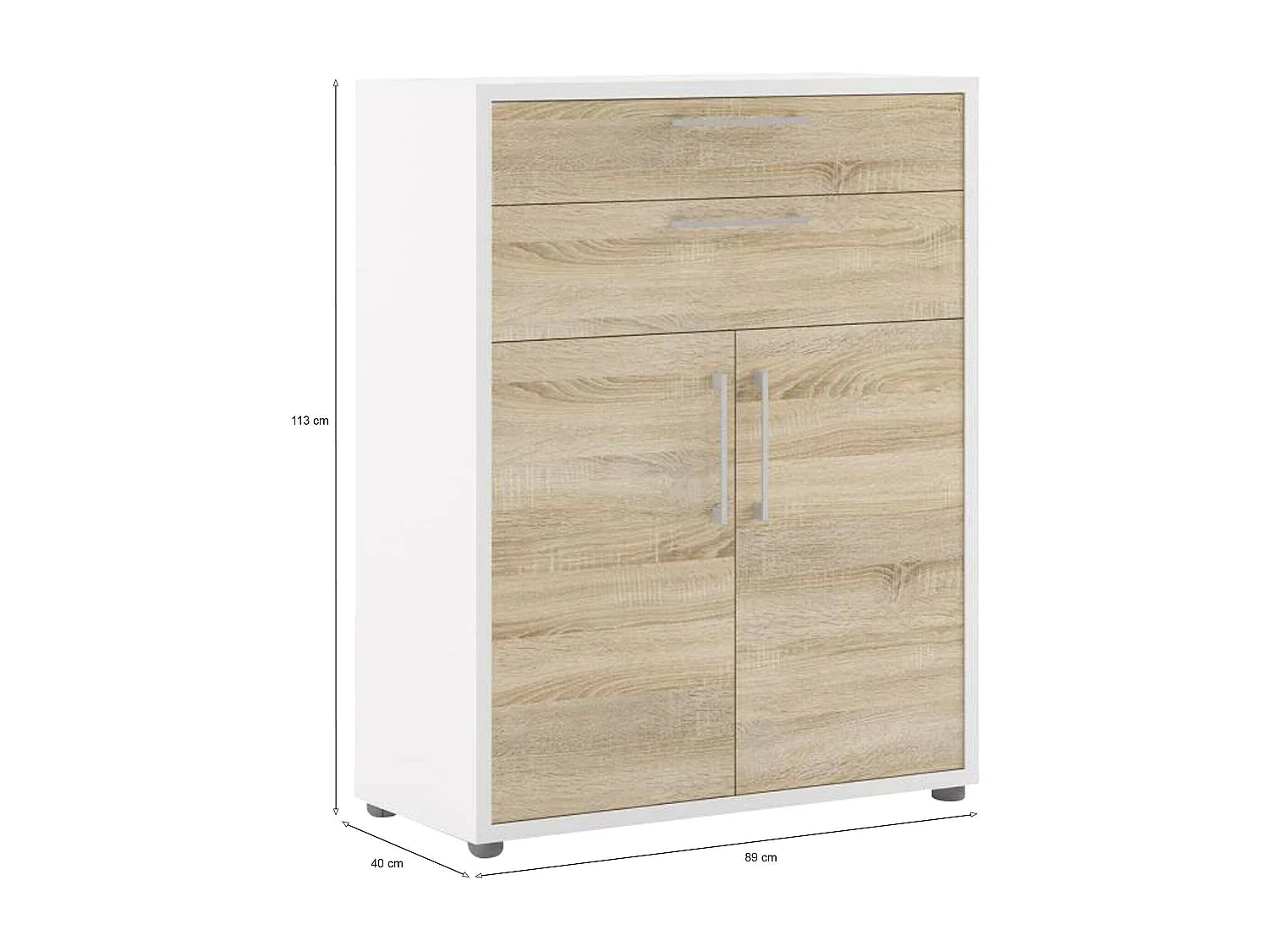 Buffet Agra, Buffet du salon, Commode de salon, Garde-manger de cuisine, 89x40 h113 cm, Blanc et chêne