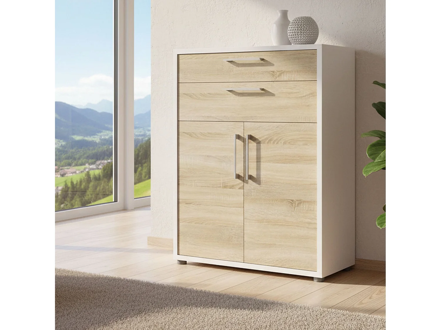 Buffet Agra, Buffet du salon, Commode de salon, Garde-manger de cuisine, 89x40 h113 cm, Blanc et chêne