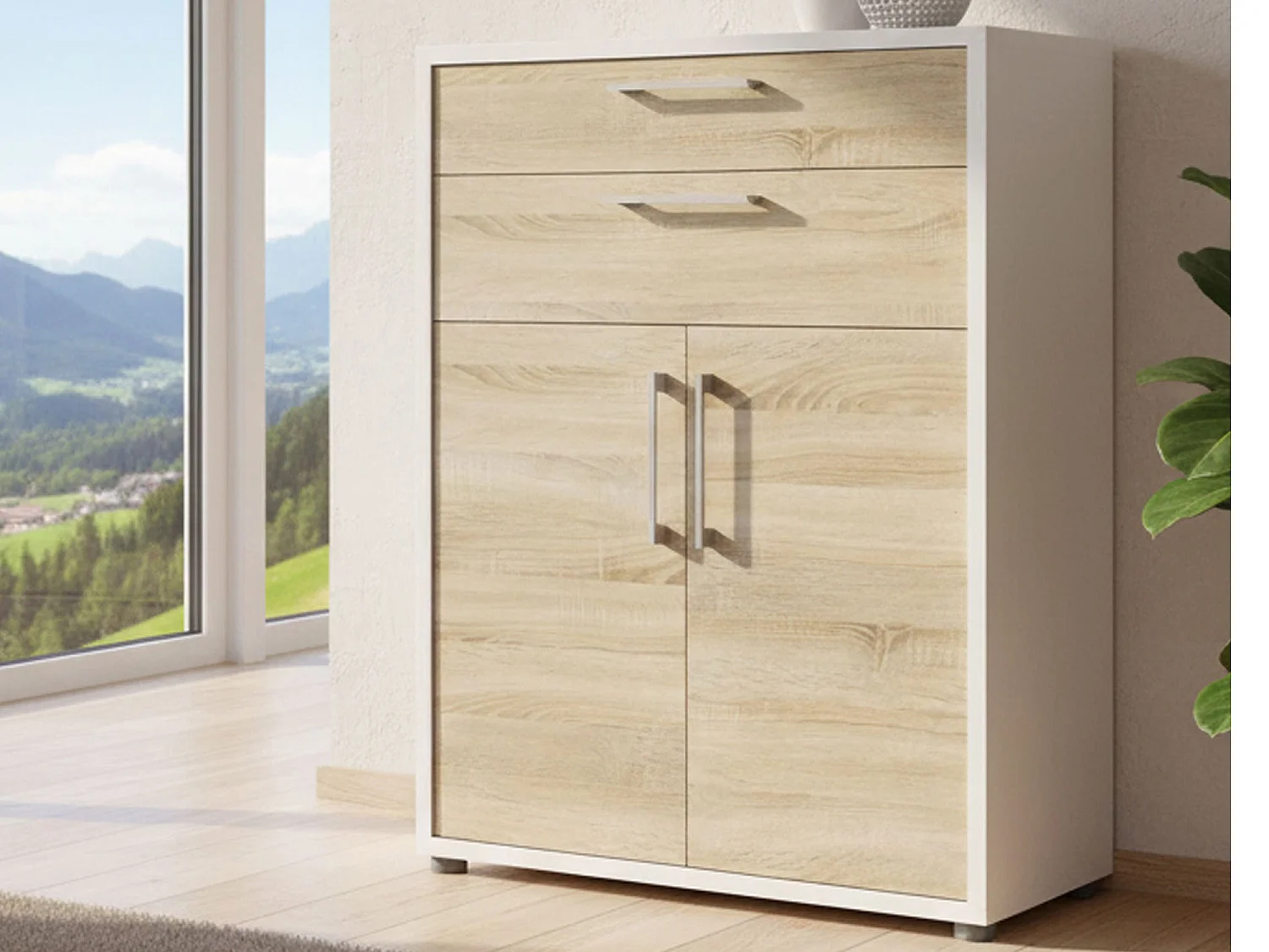 Buffet Agra, Buffet du salon, Commode de salon, Garde-manger de cuisine, 89x40 h113 cm, Blanc et chêne
