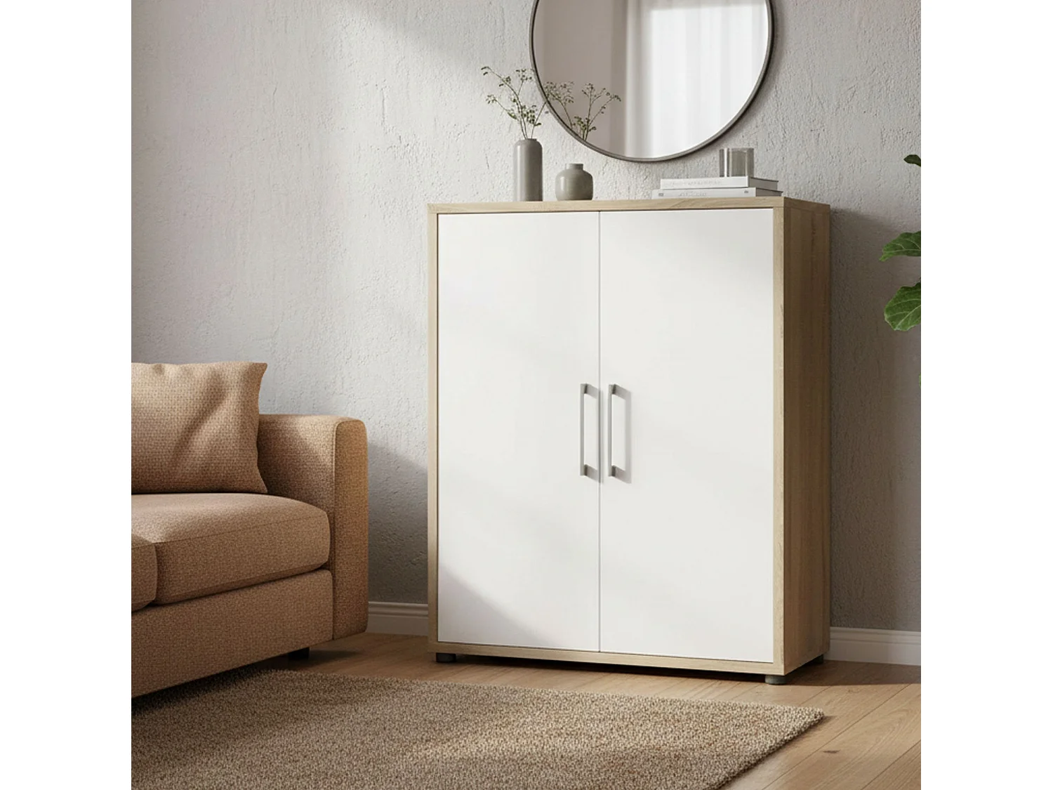 Buffet Warszawa, Buffet du salon, Commode de salon, Garde-manger de cuisine, 89x40 h113 cm, Chêne et Blanc