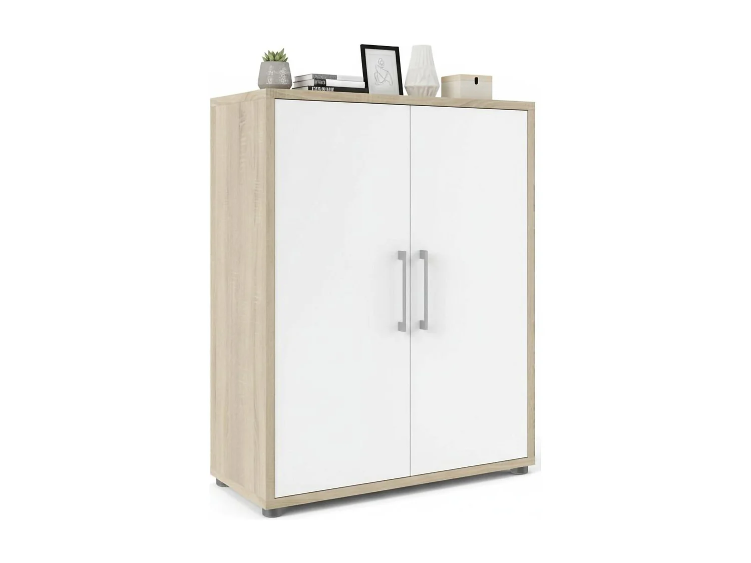 Buffet Warszawa, Buffet du salon, Commode de salon, Garde-manger de cuisine, 89x40 h113 cm, Chêne et Blanc