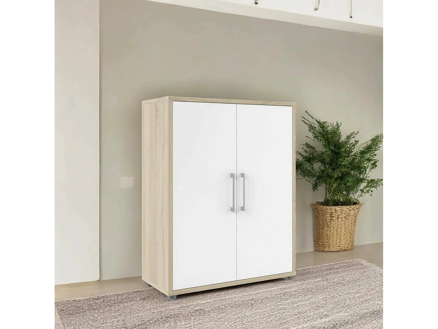 Buffet Warszawa, Buffet du salon, Commode de salon, Garde-manger de cuisine, 89x40 h113 cm, Chêne et Blanc