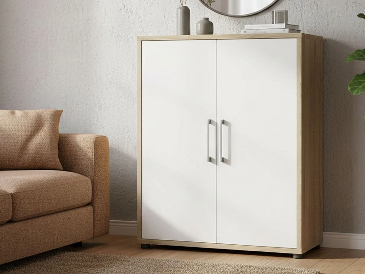 Warszawa dressoir, Woonkamerbuffet, Woonkamerdressoir, Keukenkast, 89x40 h113 cm, Eiken en Wit