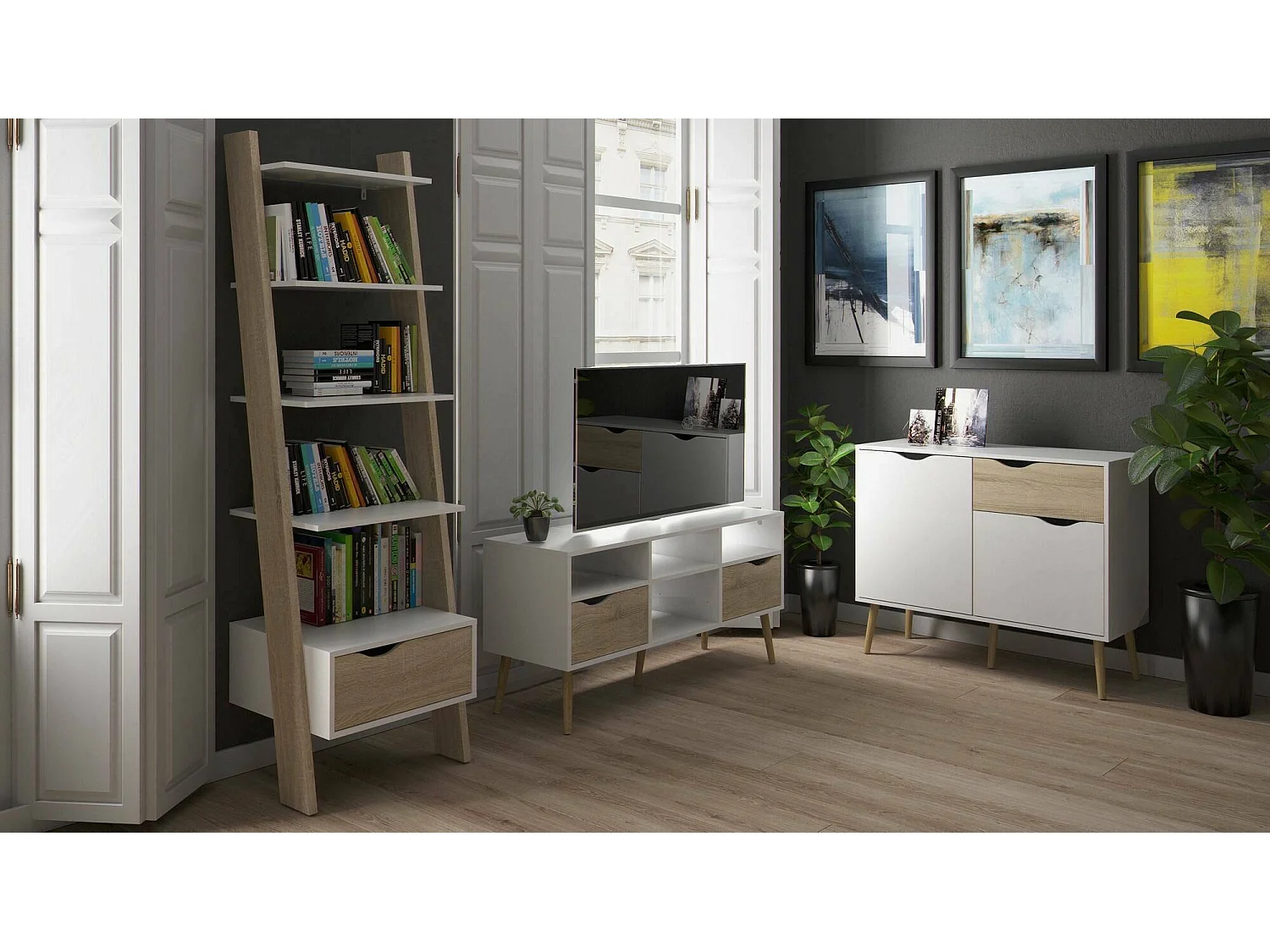 Bücherregal Apiro, Büroregal, Mobiler Buchhalter, Bücherbrett, 207x166 h84 cm, WeiÃŸ und Eiche