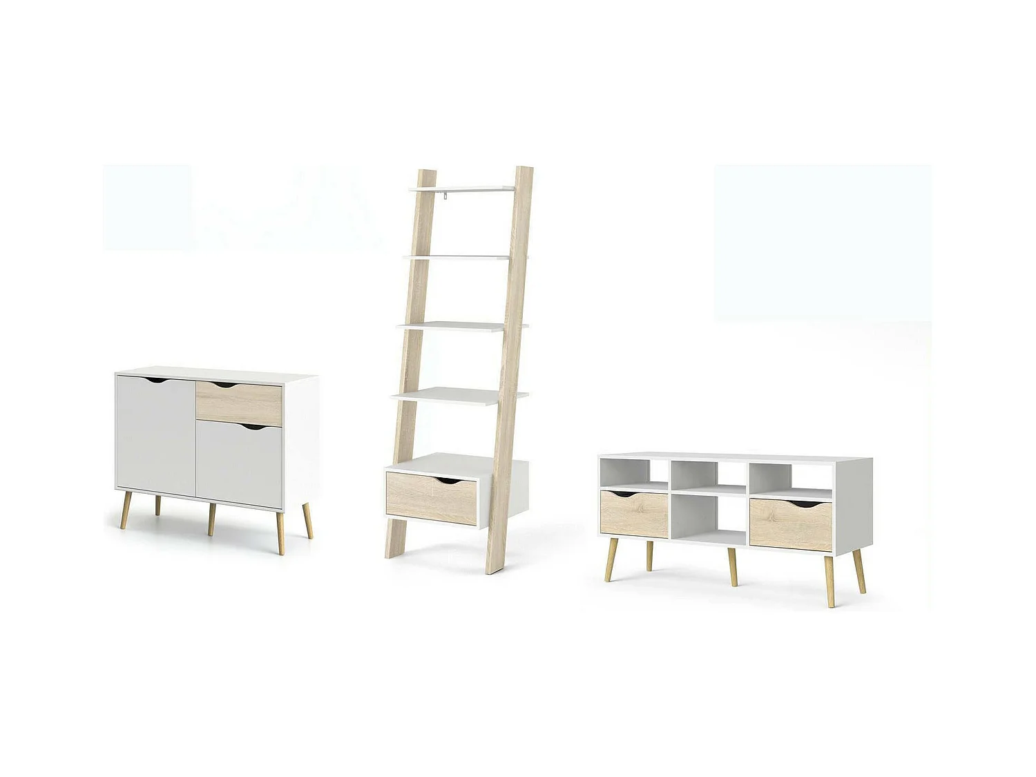 Bibliothèque Apiro, Etagère de bureau, Porte-livre mobile, Librairie, 207x166 h84 cm, Blanc et chêne