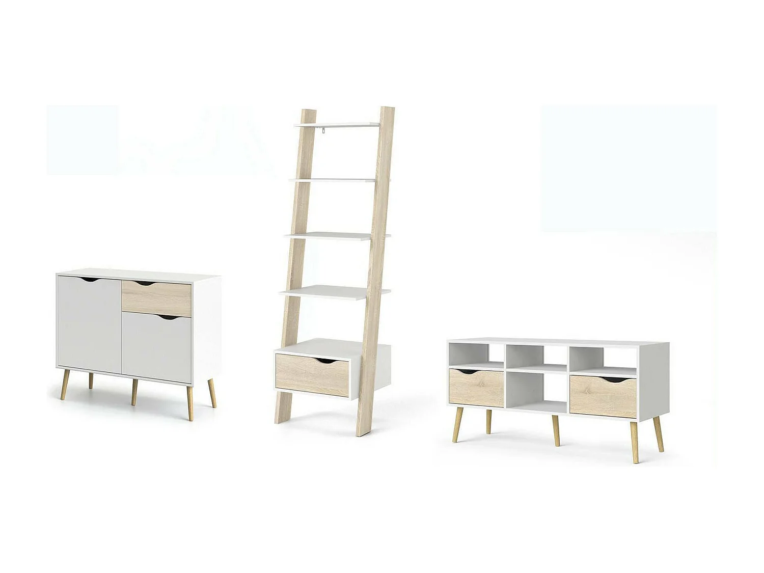 Bibliothèque Apiro, Etagère de bureau, Porte-livre mobile, Librairie, 207x166 h84 cm, Blanc et chêne