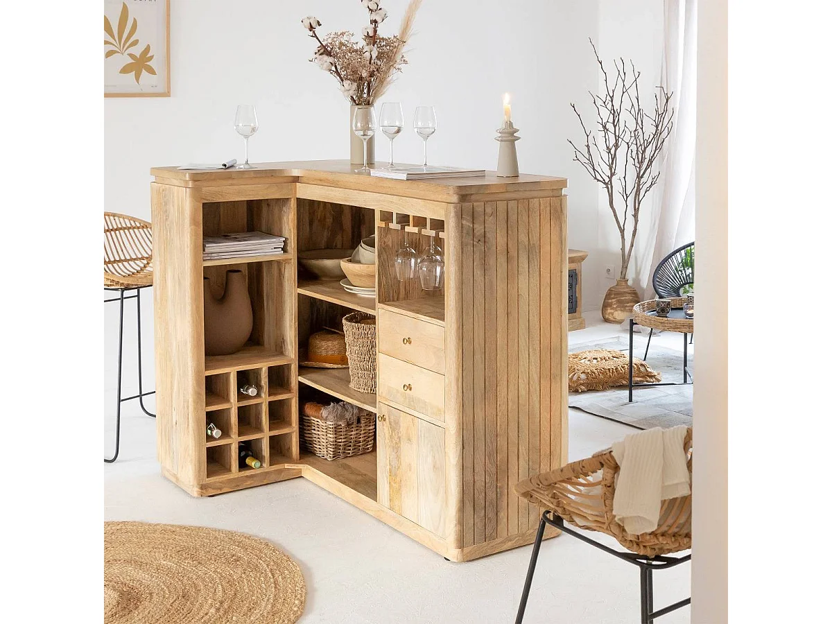 Mueble bar de esquina de madera de mango con almacenamiento Lou