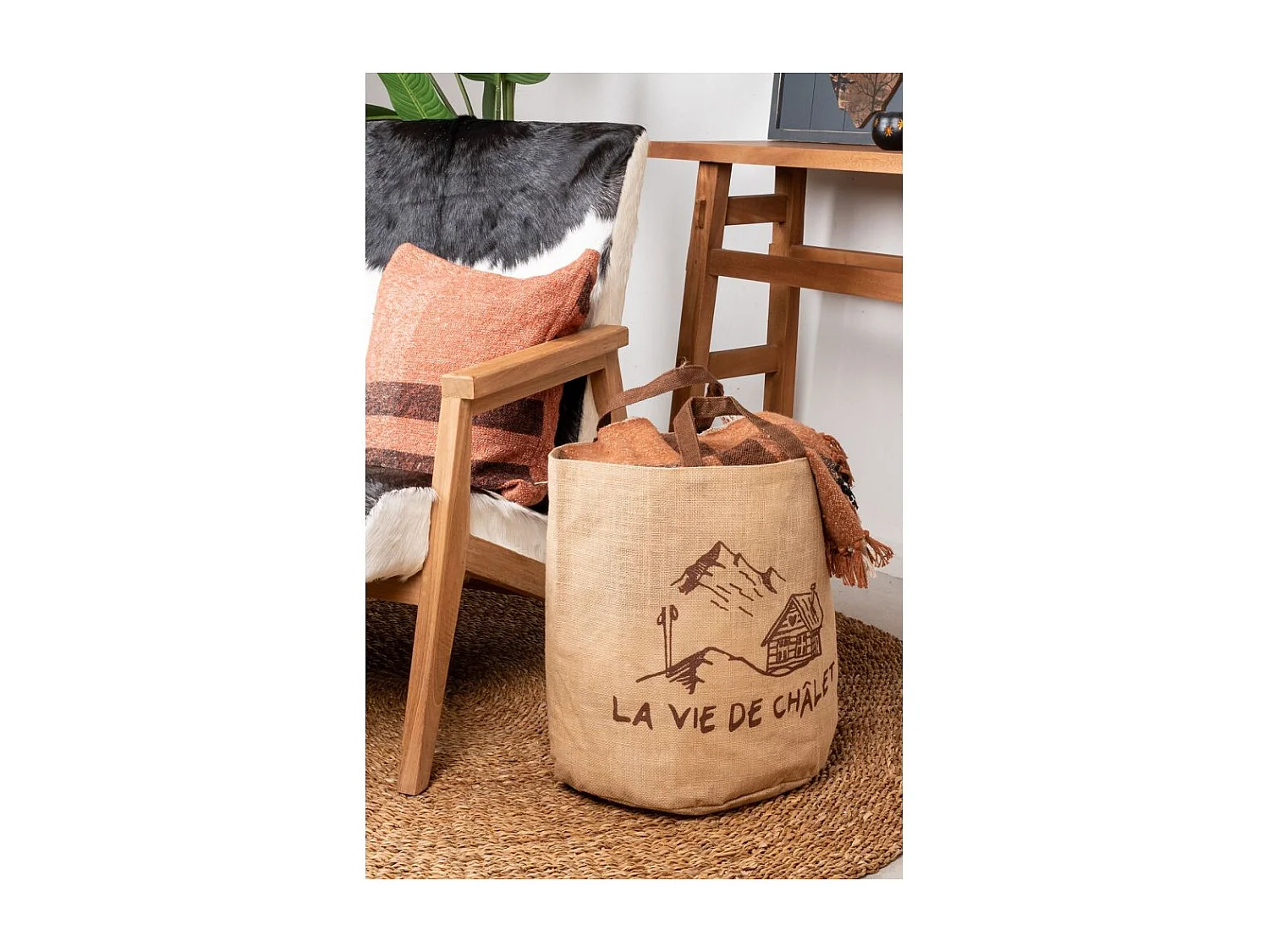 Sac rond en jute naturel plastifié La vie de chalet