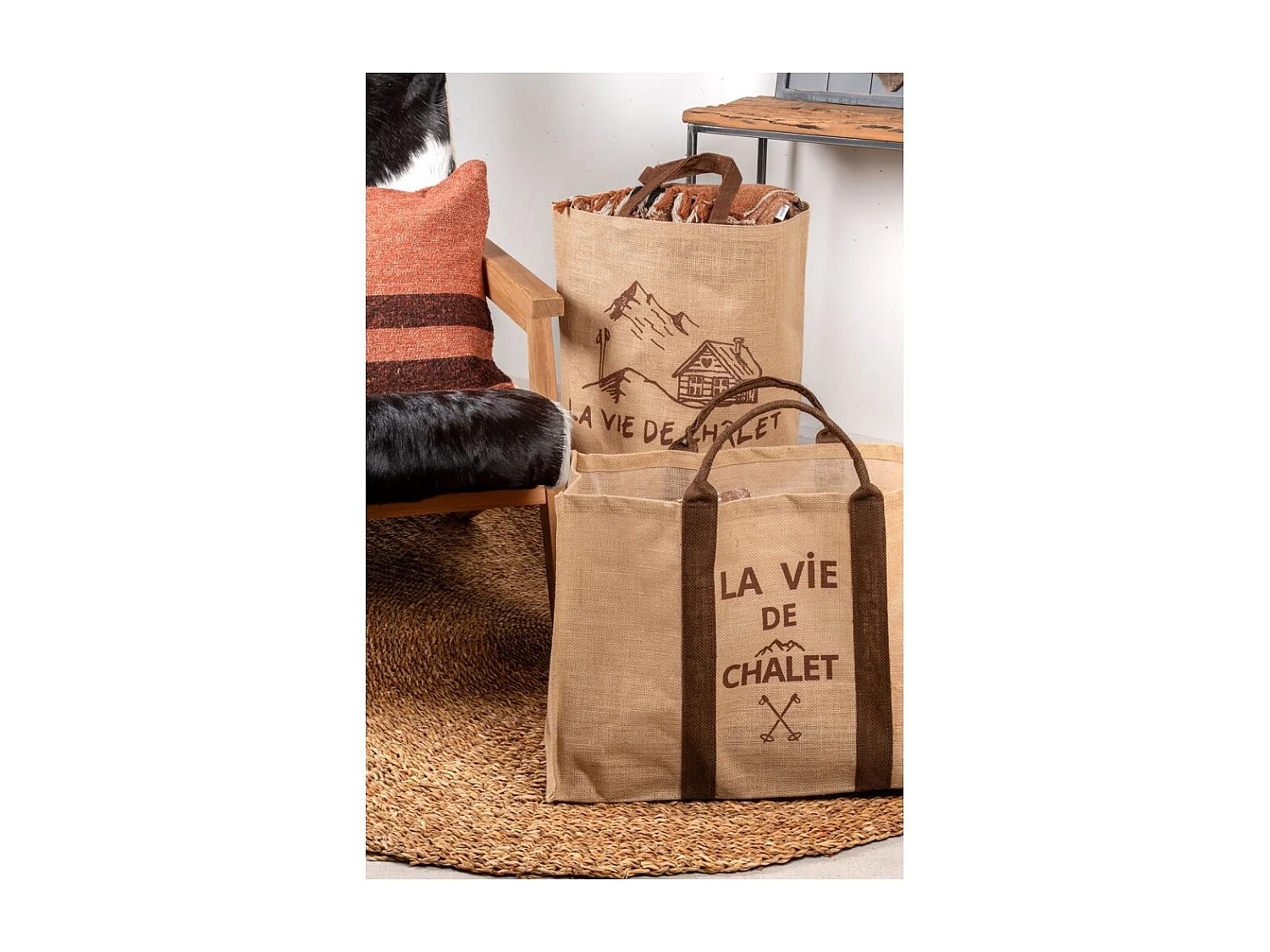 Sac rond en jute naturel plastifié La vie de chalet