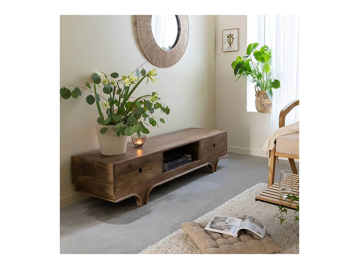 Mueble de TV de madera de acacia oscura con almacenamiento y patas escandinavas
