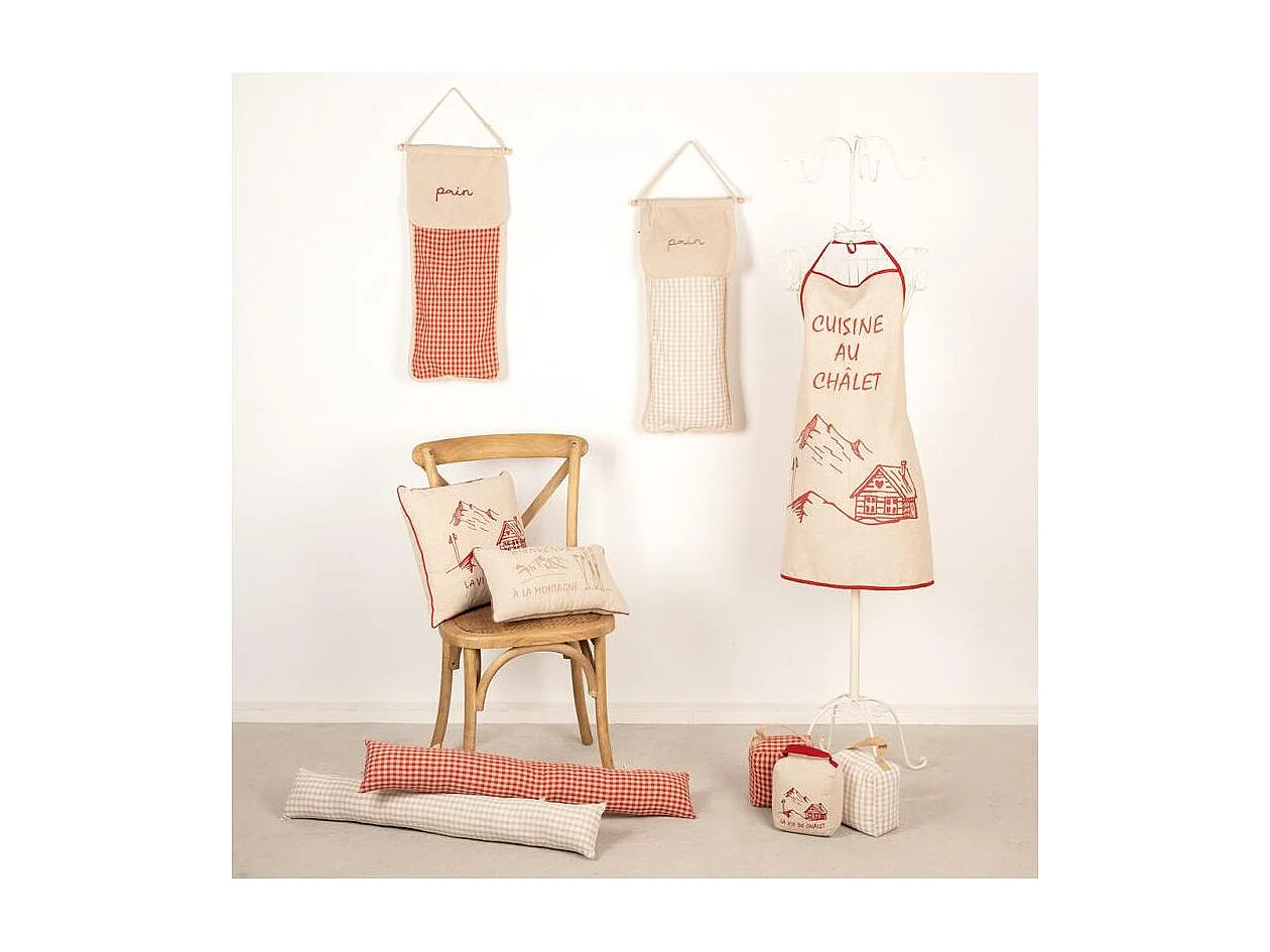 Tablier en lin naturel et rouge "Cuisine au chalet"
