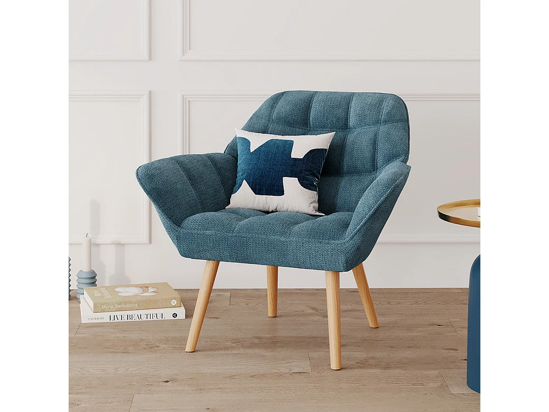 Fauteuil en tissu bleu et pieds en bois - Simba