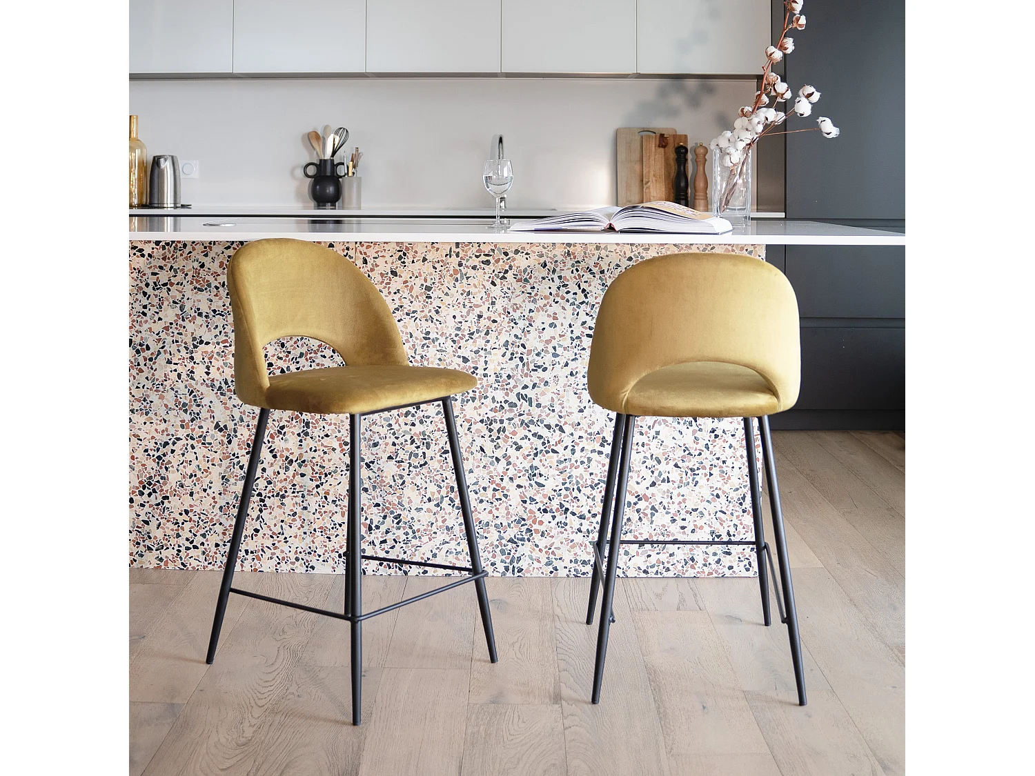 Pack de 4 sillas para isla central de terciopelo verde, amarillo 65 cm - Pénélope