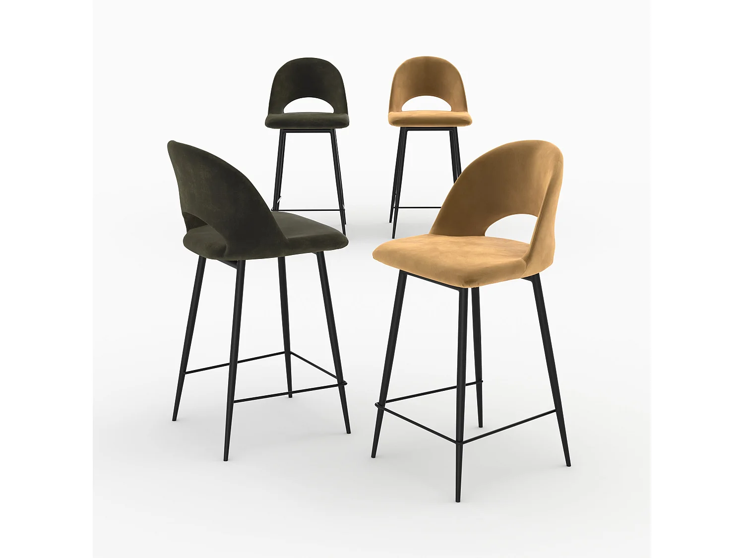 Set di 4 sedie da bar in velluto verde e giallo 65 cm - Pénélope