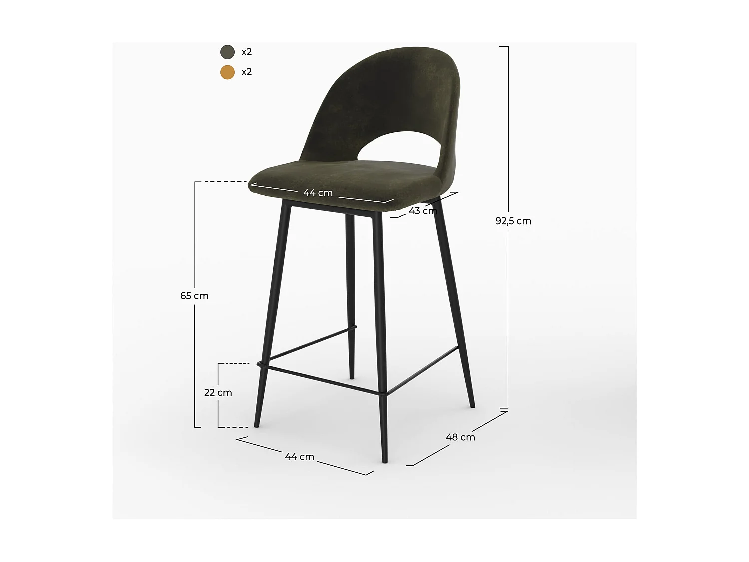 Pack de 4 sillas para isla central de terciopelo verde, amarillo 65 cm - Pénélope