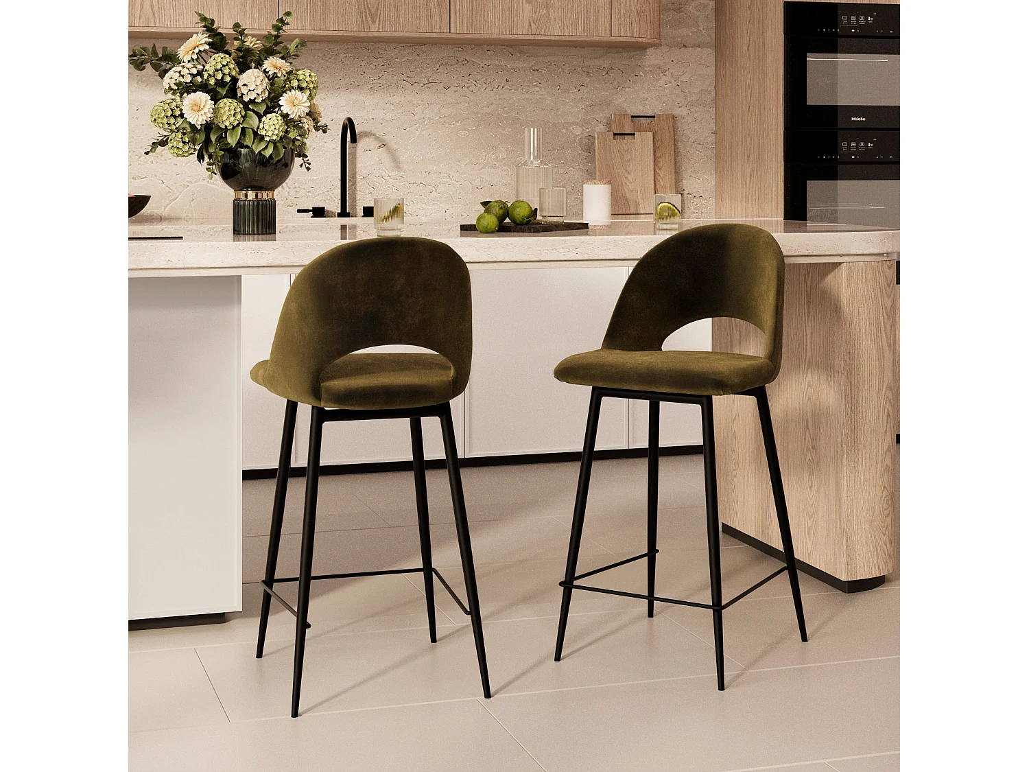 Pack de 4 sillas para isla central de terciopelo verde, amarillo 65 cm - Pénélope