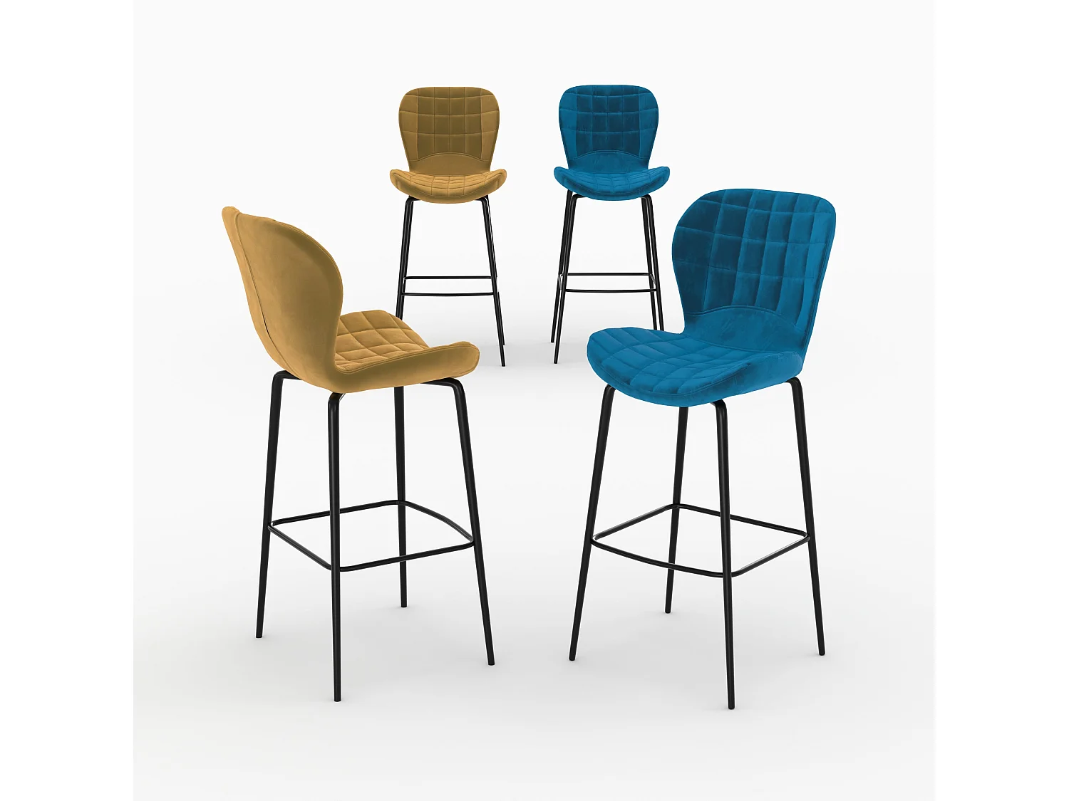 Pack de 4 sillas de bar de terciopelo amarillo y azul 75 cm - Mazzia